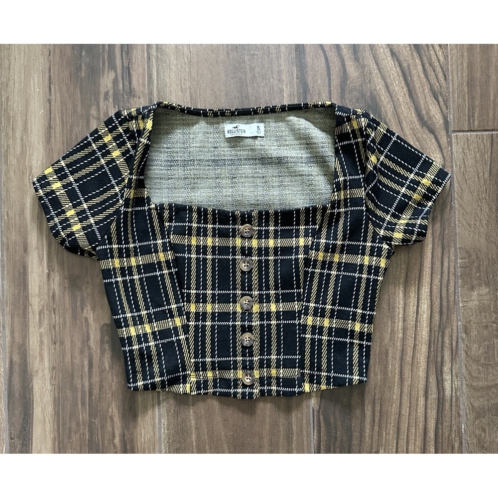 Hollister Women Black Yellow Plaid Button Front Square Neck Crop Top XS
